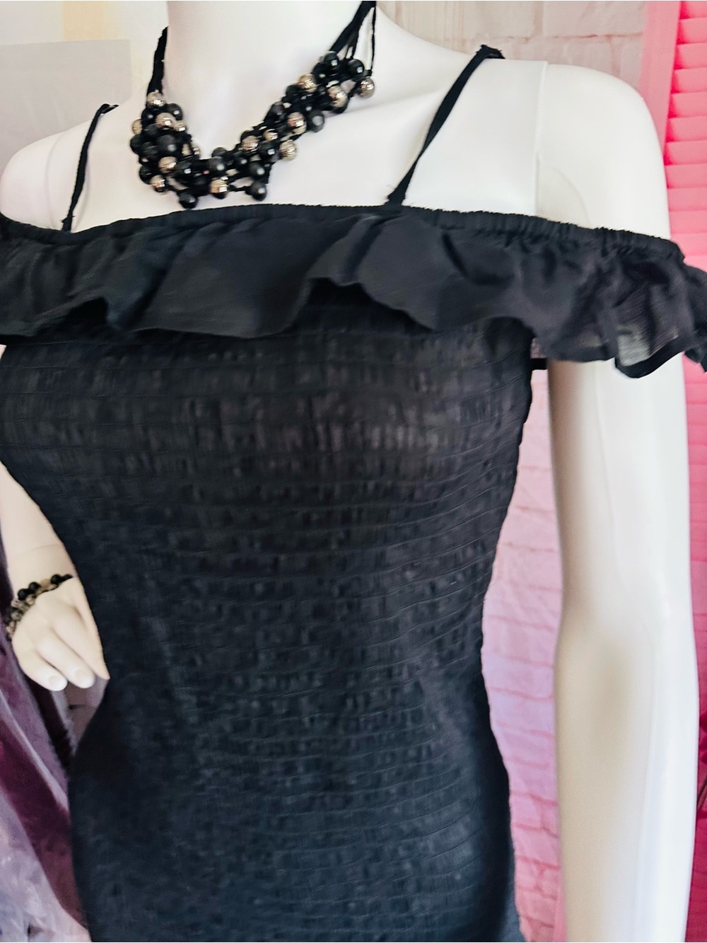 Anthropologie Black Smocked Ruffle Off-Shoulder Dress - Picture 9 of 15